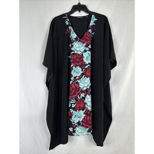 Lands End Kimono Tunic Top Womens Size XL Black Floral Bohemian